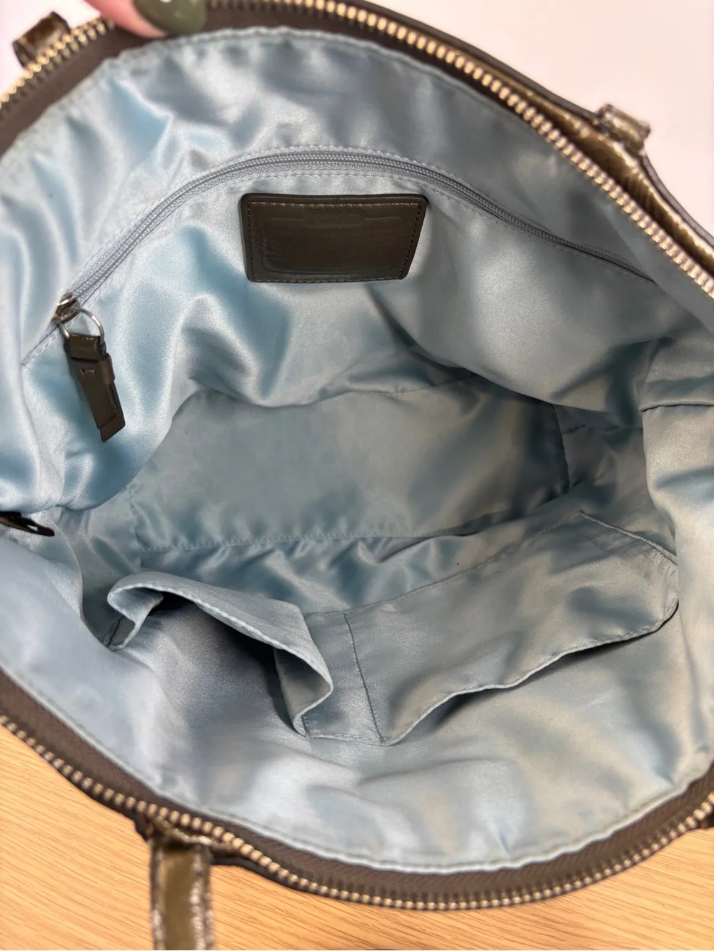 Coach‎ Signature Stripe Stitched Patent Leather Tote Olive Green 15142